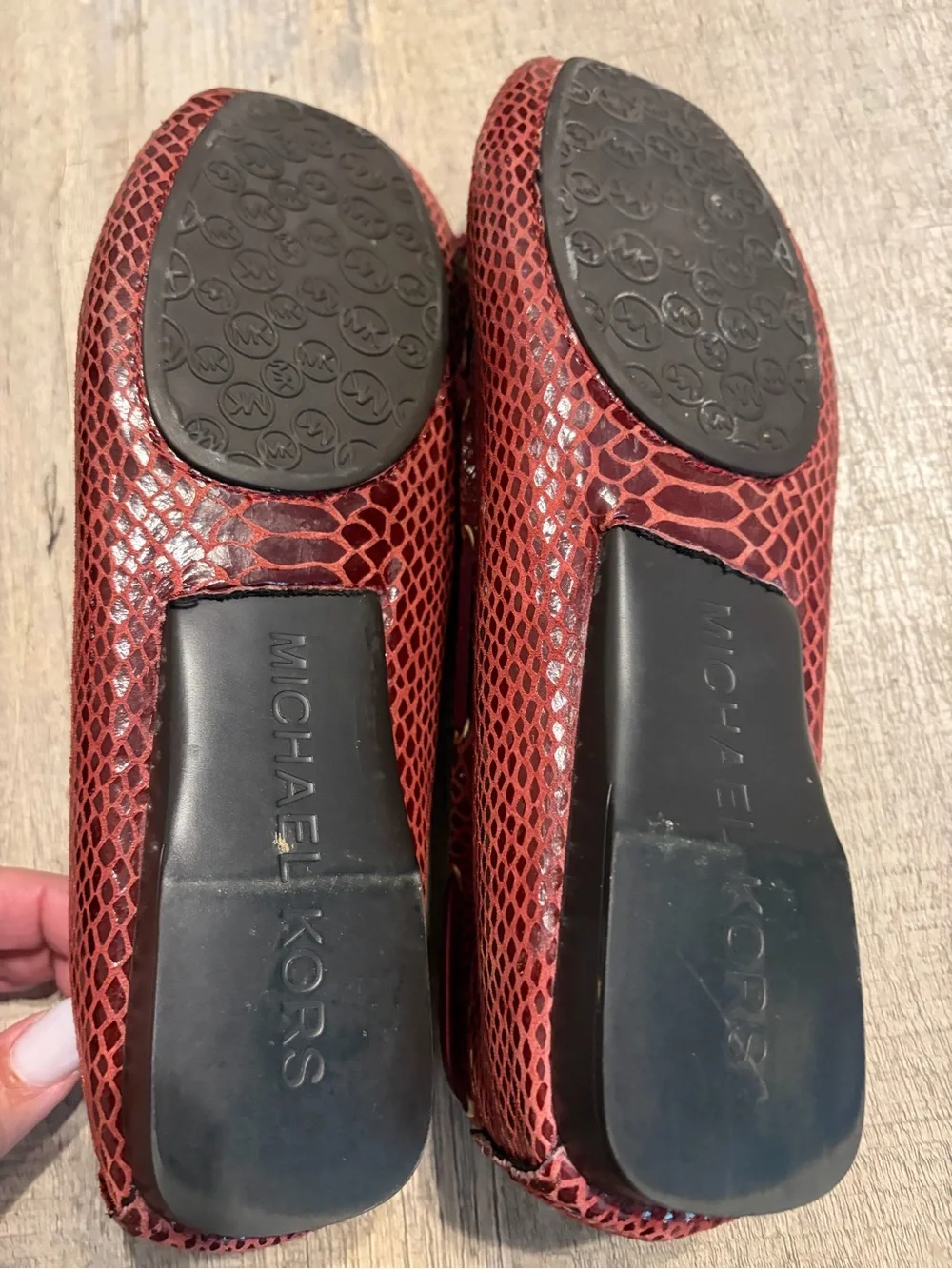 Michael Kors Burgundy Snake-Embossed Moccasin Flats with Gold Accents